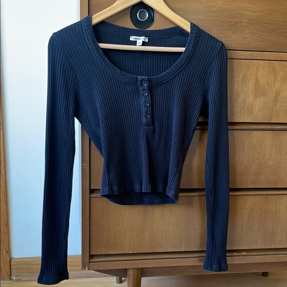 Reformation Black Crop Long Sleeve Henley